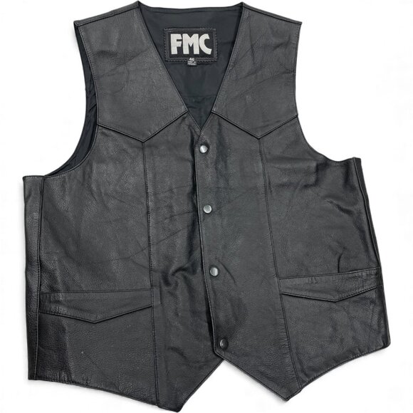 FMC Black Leather Snap Button Biker Motorcycle Vest Men's Large 46 - Picture 1 of 13